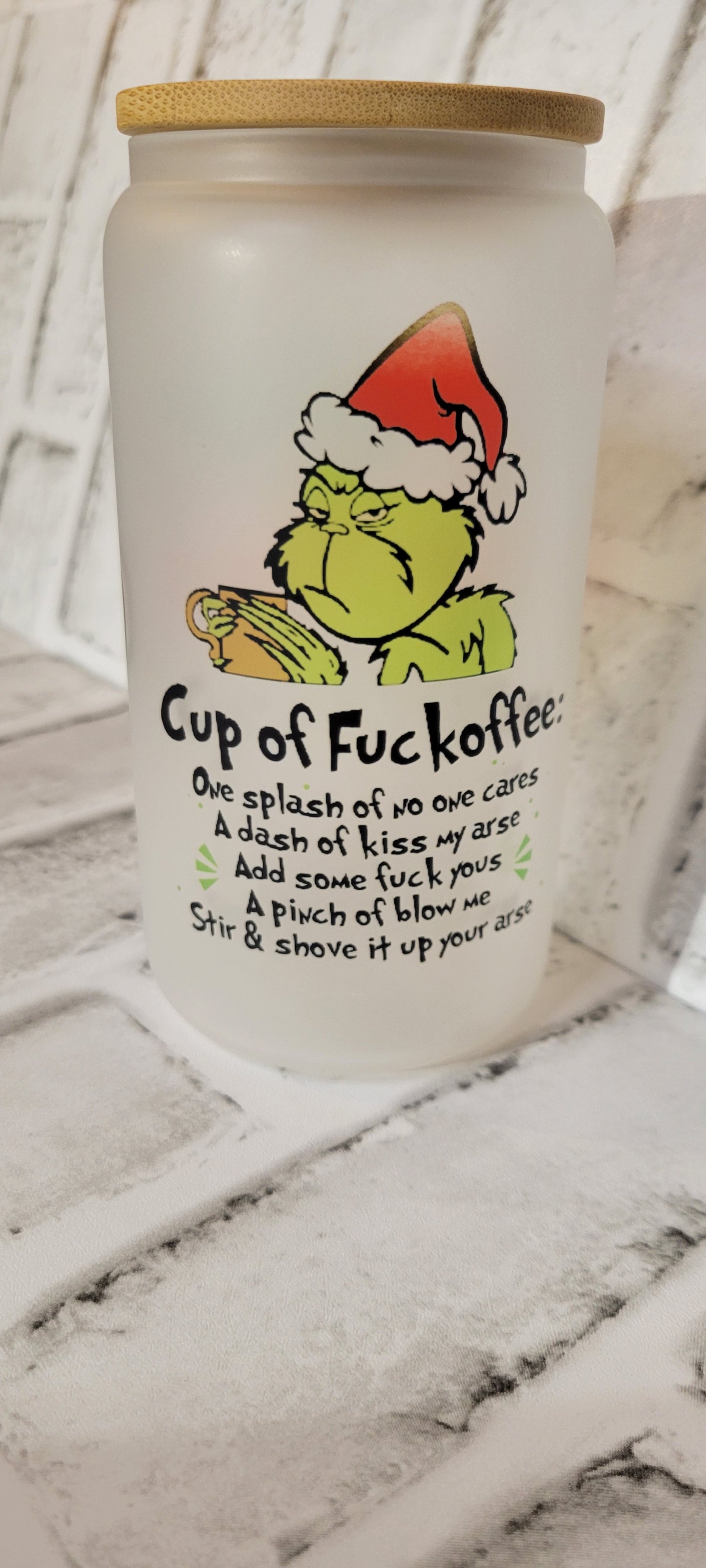 Grinch "Cup of F*offee" 16oz Glass Can Cup