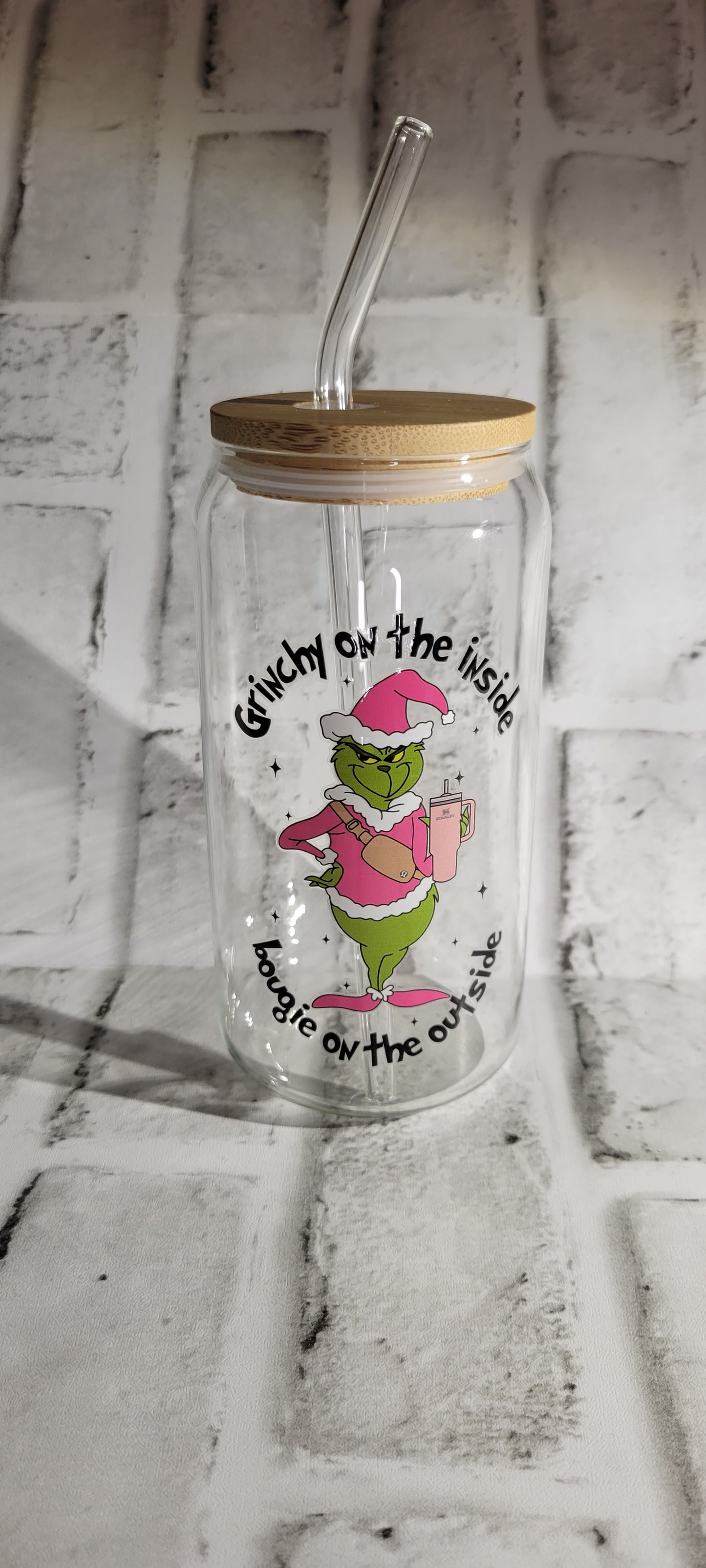 Grinchy on the inside,  bougie on the outside glass cup